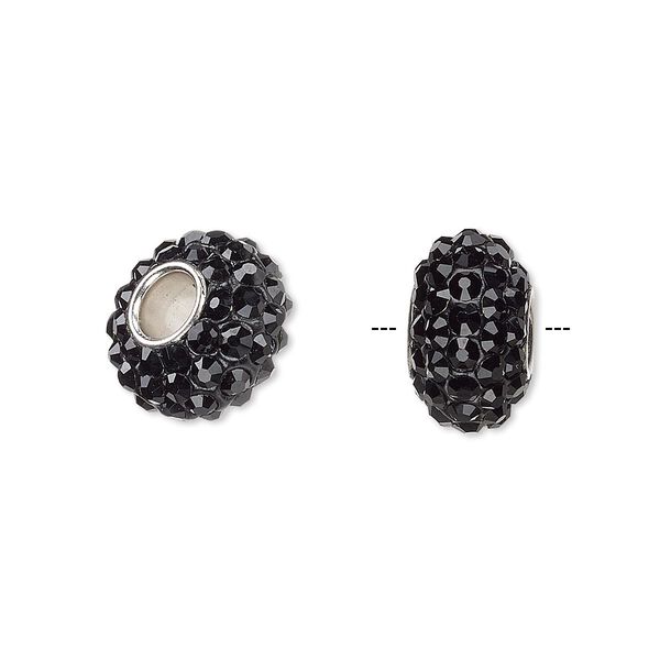 Bead, Dione®, Czech glass rhinestone / epoxy / imitation rhodium-plated brass grommet, black, 13x8mm-14x8mm rondelle, 4.5mm hole. Sold individually. image number 0