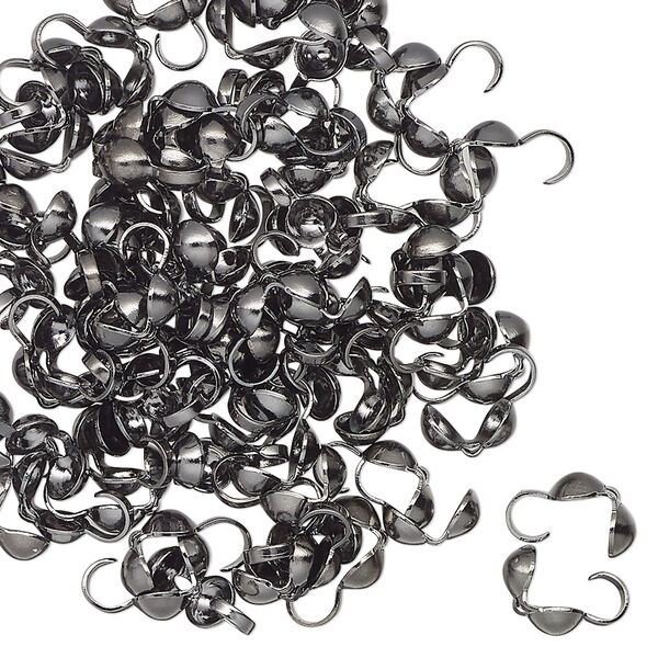 Bead tip, imitation rhodium-finished brass, 8x4mm bottom clamp-on with open loop. Sold per pkg of 100. image number 0