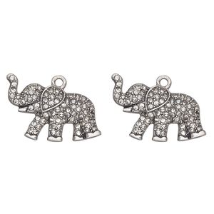 Charm, antique silver-finished "pewter" (zinc-based alloy) and glass, clear, 27x16mm single-sided elephant. Sold per pkg of 2.
