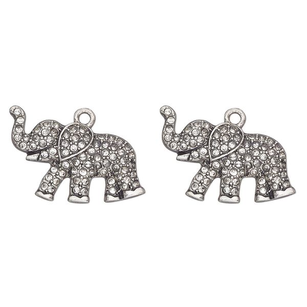 Charm, antique silver-finished "pewter" (zinc-based alloy) and glass, clear, 27x16mm single-sided elephant. Sold per pkg of 2. image number 0