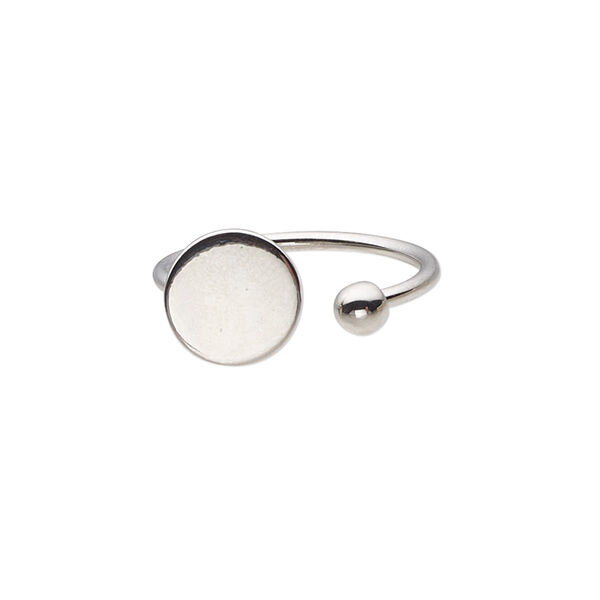 Ring, imitation rhodium-finished brass, 1.5mm wide with 4mm ball and 10mm round glue-on setting, adjustable from size 6-8. Sold individually. image number 0