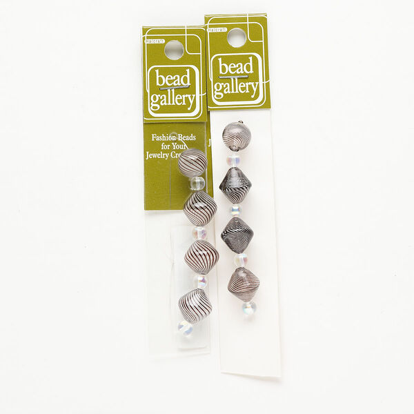 Bead 1pkg4 handblown glass, 11-12mm round / 14-15mm bicone / line design, assortment translucent brown / clear image number 0