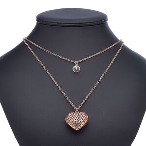 Necklace, 2-strand, glass / glass rhinestone / copper-finished steel / "pewter" (zinc-based alloy), clear, 30x27mm heart, 23 inches with 2-inch extender chain and lobster claw clasp. Sold individually.