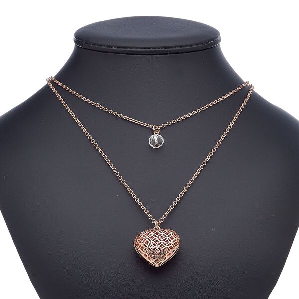 Necklace, 2-strand, glass / glass rhinestone / copper-finished steel / "pewter" (zinc-based alloy), clear, 30x27mm heart, 23 inches with 2-inch extender chain and lobster claw clasp. Sold individually. image number 0