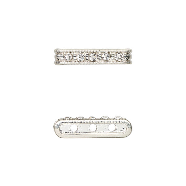 Spacer bar, silver-finished "pewter" (zinc-based alloy) and glass, clear, 18.5x4mm, 3-strand with crystals on one side, fits up to 6mm beads. Sold per pkg of 6. image number 0