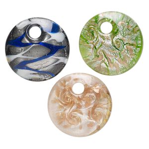 Random focal mix, lampworked glass, pkg/3, opaque mixed colors with silver-colored foil and copper-colored glitter, 49mm-51mm domed round.