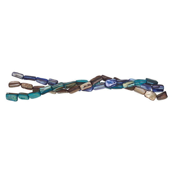 Bead, mother-of-pearl shell (dyed), blue / turquoise blue / brown, 15x6mm-15x9mm rectangular tube, Mohs hardness 3-1/2. Sold per pkg of (3) 14-15 inch strands. image number 1