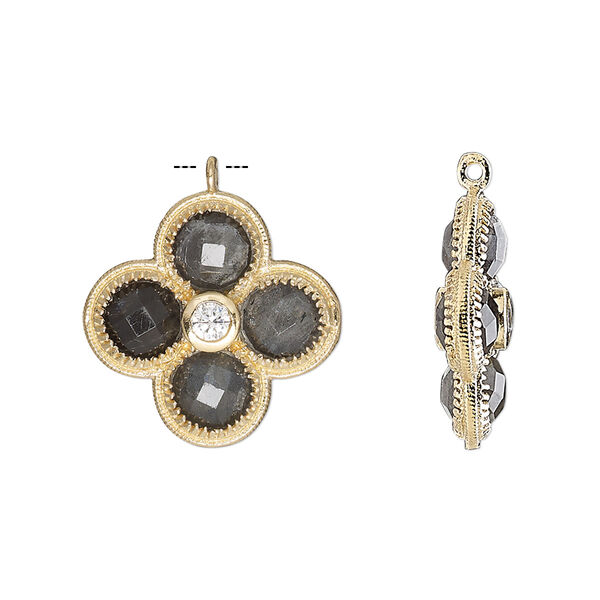 Drop, labradorite (natural) / cubic zirconia / gold-finished sterling silver, clear, 19mm double-sided faceted flower. Sold individually. image number 0