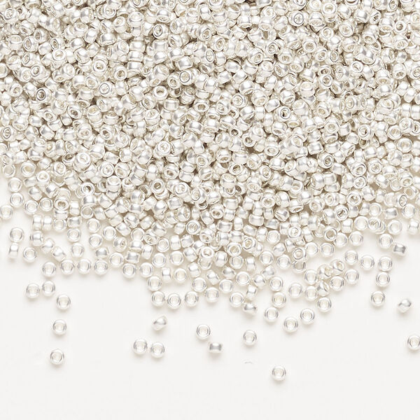 Seed bead, Miyuki, glass, pkg/4g, #15 rocaille, opaque silver-plated matte, (RR-961F). image number 0