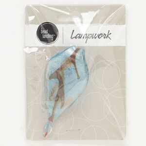 Focal, lampworked glass, aqua green and brown, 61x32mm twisted leaf with copper-colored glitter. Sold individually.