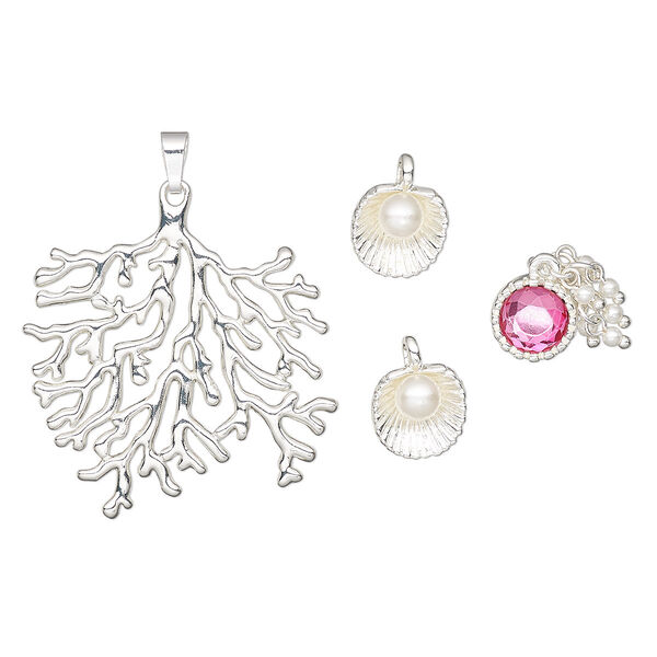 Pendant / charm / drop, Charmed, acrylic / glass / silver-finished "pewter" (zinc-based alloy), pink and white, 13mm single-sided round / 14mm two-sided clam shell / 51x47.5mm double-sided coral. Sold per 4-piece set. image number 0