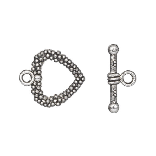 Clasp, toggle, antique silver-plated "pewter" (zinc-based alloy), 16x16mm double-sided beaded heart. Sold per pkg of 20. image number 0