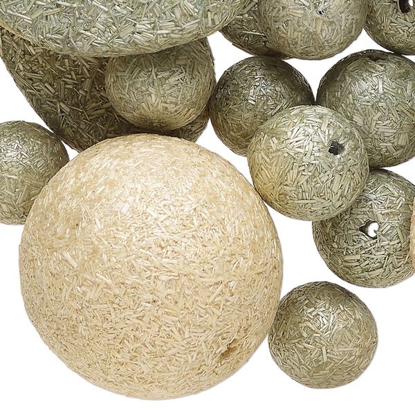 Bead mix, fiber, tan and olive green, 12x11mm-32x21mm rounded flat oval. Sold per 3-ounce pkg, approximately 60 beads. image number 0