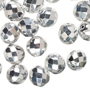 Bead 1pkg600 Czech fire-polished glass, metallic silver, 10mm faceted round.