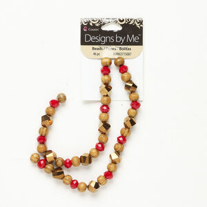Bead assortment 1pkg46, acrylic and glass, brown / bronze / red, 7mm round / 8x6mm faceted rondelle / 9-10mm faceted helix.
