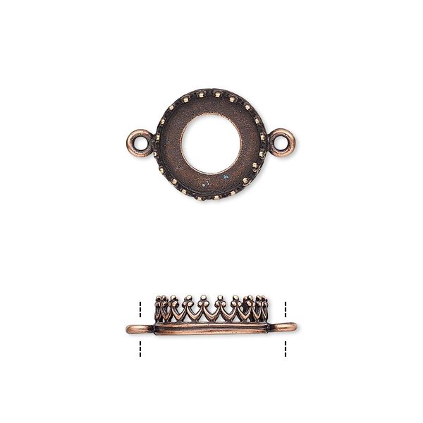 Link, JBB Findings, antique copper-plated brass, 11.5mm round with open back and decorative trim, 10mm round bezel setting. Sold per pkg of 2. image number 0