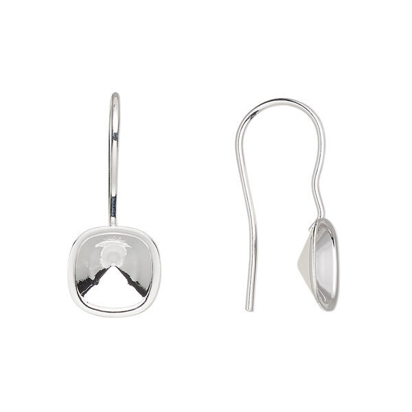 Ear wire, Almost Instant Jewelry®, silver-plated brass, 23mm fishhook with 8mm cushion setting, 20 gauge. Sold per pkg of 2 pairs. image number 0