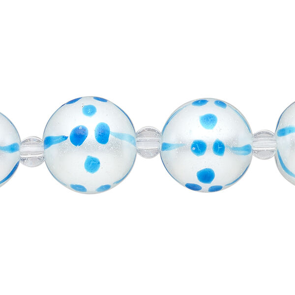 Bead, glass 1pkg8, opaque turquoise blue and white, 14mm hand-painted round. image number 0