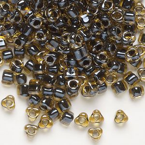 Seed bead, Miyuki, glass, transparent amber yellow color-lined brown, (TR1840), #5 triangle. Sold per 250-gram pkg.