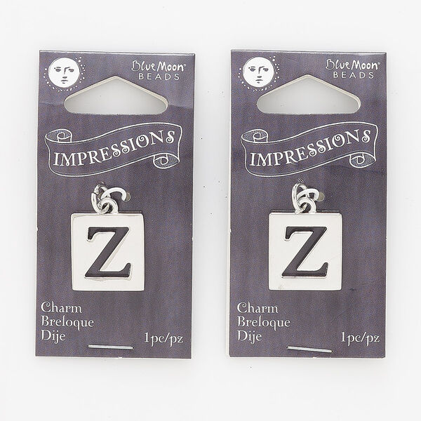 Drop, silver-finished "pewter" (zinc-based alloy), 16x15mm square with cutout letter "Z." Sold per pkg of 2. image number 0