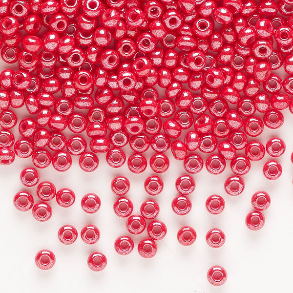 Seed bead, Preciosa Ornela, glass, opaque luster bright red coral, #8 rocaille. Sold per 500-gram pkg. image number 0
