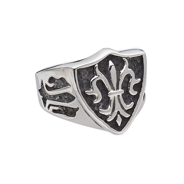Ring, antiqued stainless steel, 22mm wide with shield and fleur-de-lis, size 12. Sold individually. image number 0