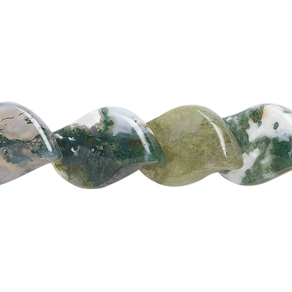 Bead, moss agate (natural), 16x12mm-20x15mm leaf, B grade, Mohs hardness 6-1/2 to 7. Sold per 8-inch strand, approximately 10 beads. image number 0