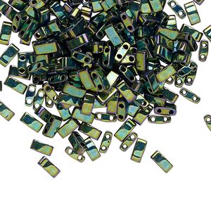 Seed bead, TILA®, glass, pkg/10g, 5x2.3mm half tila rectangle, opaque metallic malachite green, (HTL-468).