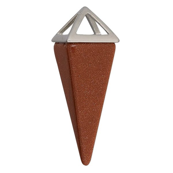 Focal, brown goldstone (man-made) and imitation rhodium-finished "pewter" (zinc-based alloy), 36x15mm-42x15mm 4-sided point. Sold individually. image number 0