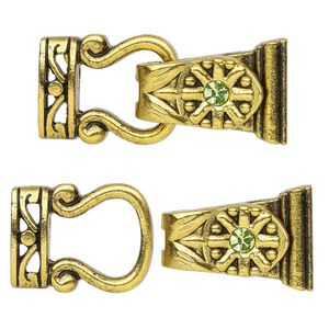 Clasp magnetic fold-over 1pkg2 "pewter" (zinc alloy), 29x13mm, antique gold-finished / green rhinestone 2-strand