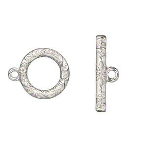 Clasp, toggle, silver-finished "pewter" (zinc-based alloy), 17mm single-sided round with vine and flower design. Sold per pkg of 8. image number 0