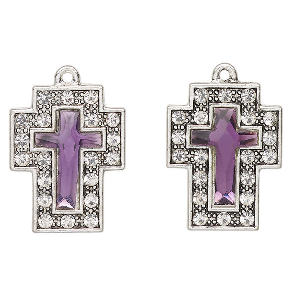 Drop, antique silver-finished "pewter" (zinc-based alloy) and glass, medium purple and clear, 23x17mm cross. Sold per pkg of 2. image number 0