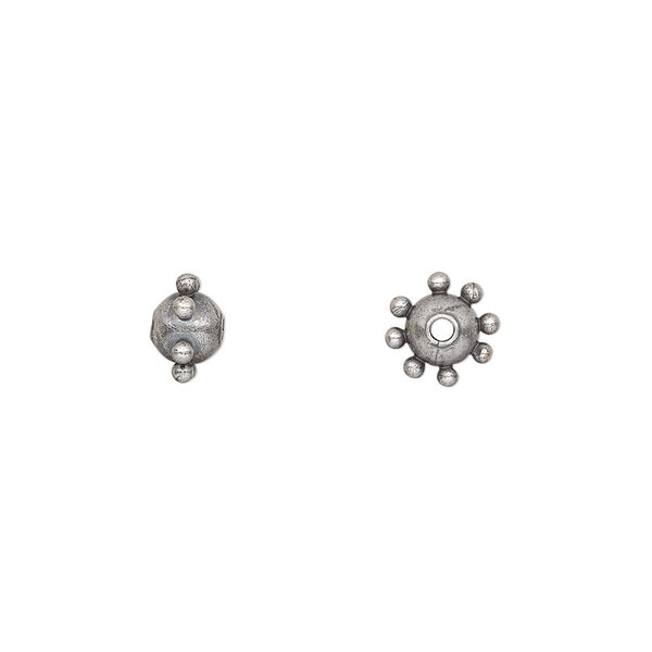 Bead, antiqued silver-plated steel, 7x5mm studded round. Sold per pkg of 10. image number 0