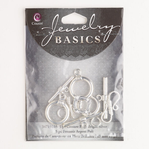 Clasp assortment, toggle and S-hook, brass, pkg/5, silver finish, assorted sizes and shapes. image number 0