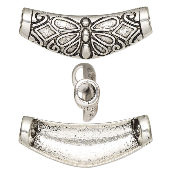 Slide, antique silver-finished "pewter" (zinc-based alloy), 39x16mm single-sided curved tube with butterfly design. Sold per pkg of 2. image number 0