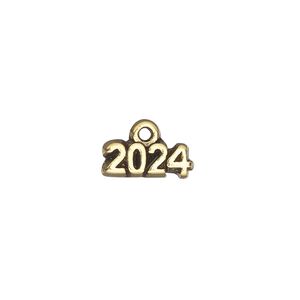 Charm, antique gold-plated "pewter" (tin-based alloy), 13x5mm single-sided "2024". Sold per pkg of 2.