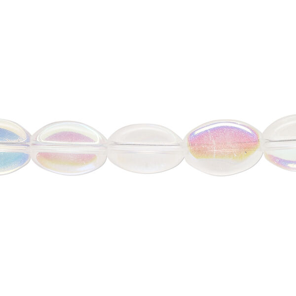 Bead, lampworked glass, translucent clear AB, 9x7mm flat oval with silver-colored foil. Sold per 8-inch strand, approximately 15 beads. image number 0