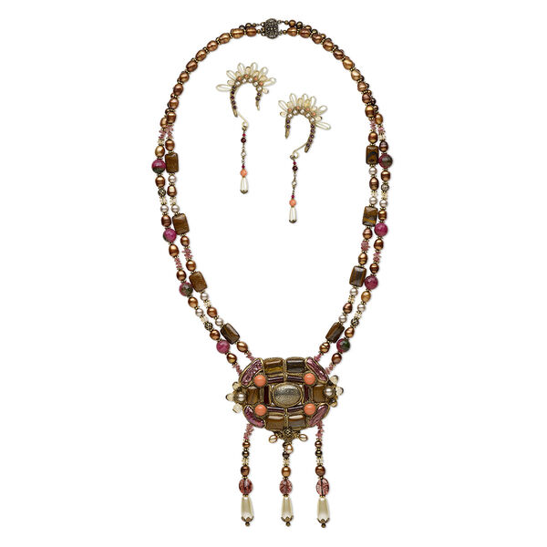 Necklace and earring set, One of a Kind Jewelry, cultured freshwater pearl (dyed) / multi-gemstone (natural / dyed / heated) / crystal, 24-inch necklace. Only one available. image number 0