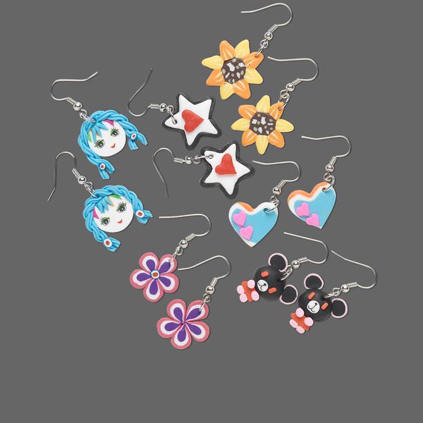 Earring, polymer clay and steel, multicolored, 13-24mm multi-shape with fishhook ear wire. Sold per pkg of 6 pairs. image number 0