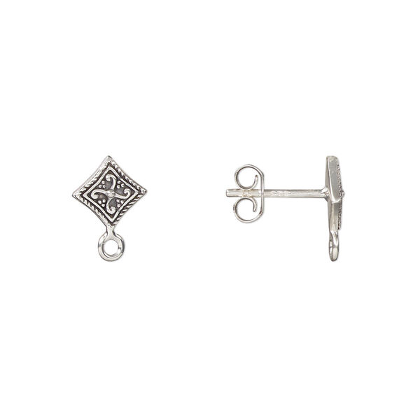Earstud, antiqued sterling silver, 11x8mm diamond with closed loop. Sold per pair. image number 0