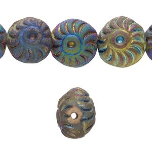 Bead, pressed clay, rainbow, 12x9mm-15x11mm handmade textured rondelle. Sold per 16-inch strand, approximately 30 beads.