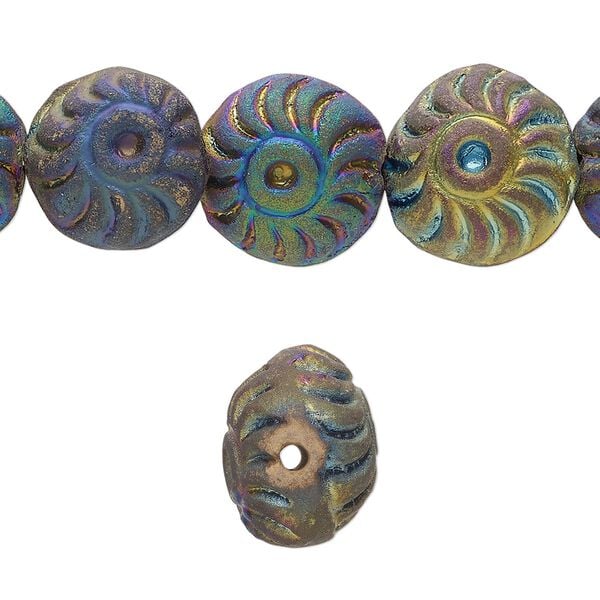 Bead, pressed clay, rainbow, 12x9mm-15x11mm handmade textured rondelle. Sold per 16-inch strand, approximately 30 beads. image number 0