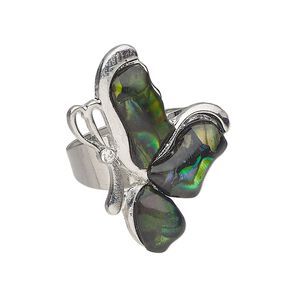 Ring 1pkg1 steel / paua shell / glass rhinestone, 31x22mm butterfly, natural silver finish / clear