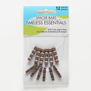 Spacer bar, antiqued copper-finished "pewter" (zinc-based alloy), 19x3mm 5-strand rectangle with line and dot design and 22x5mm 4-strand drum with line and dot design. Sold per pkg of 12.