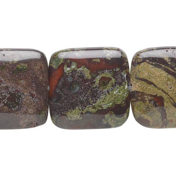 Bead, dragon blood jasper (natural), 20mm puffed square, B grade, Mohs hardness 6-1/2 to 7. Sold per 15-1/2" to 16" strand. image number 0
