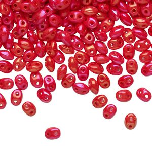 Bead, Preciosa Twin™, Pressed Twin, Czech pressed glass, opaque rainbow red-orange, 5x2.5mm oval with (2) 0.7-0.8mm holes. Sold per 250-gram pkg.