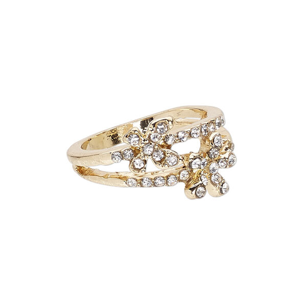 Ring, Egyptian glass rhinestone and gold-finished "pewter" (zinc-based alloy), clear, 10mm wide with flower, size 8-1/2. Sold individually. image number 0