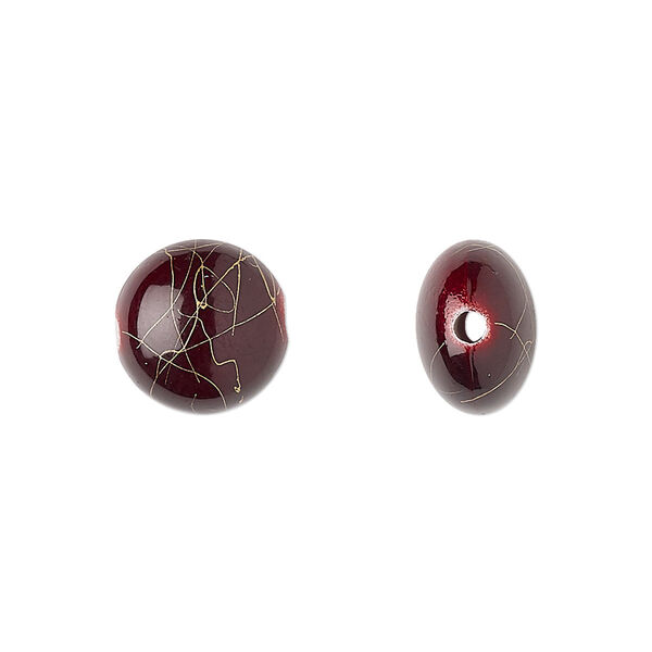Bead, acrylic, red and gold, 12mm puffed flat round with swirls. Sold per pkg of 160. image number 0