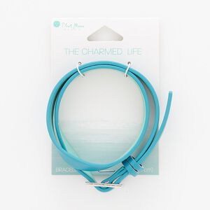 Bracelet, wrap, vinyl and silver-finished "pewter" (zinc-based alloy), turquoise blue, 10mm wide, 17 inches. Sold individually.