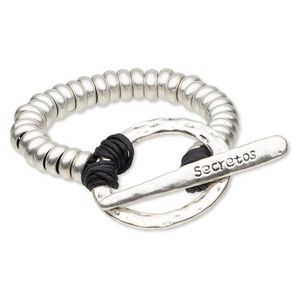 Bracelet, waxed cotton cord and antiqued silver-finished "pewter" (zinc-based alloy), black, 9x4mm rondelle, 8-1/2 inches with 42mm hammered round toggle clasp. Sold individually.